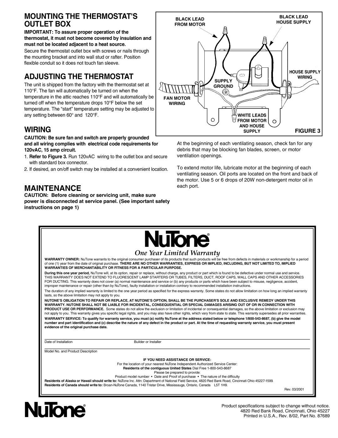 NuTone WF37, WF57NR Mounting the Thermostats, Outlet BOX, Adjusting the Thermostat, Wiring, Maintenance 