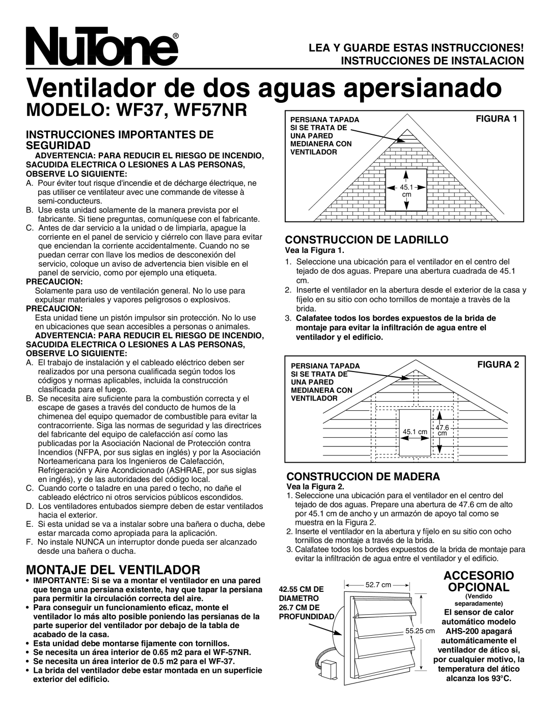 NuTone Ventilador de dos aguas apersianado, Modelo WF37, WF57NR, Montaje DEL Ventilador, Accesorio, Opcional 