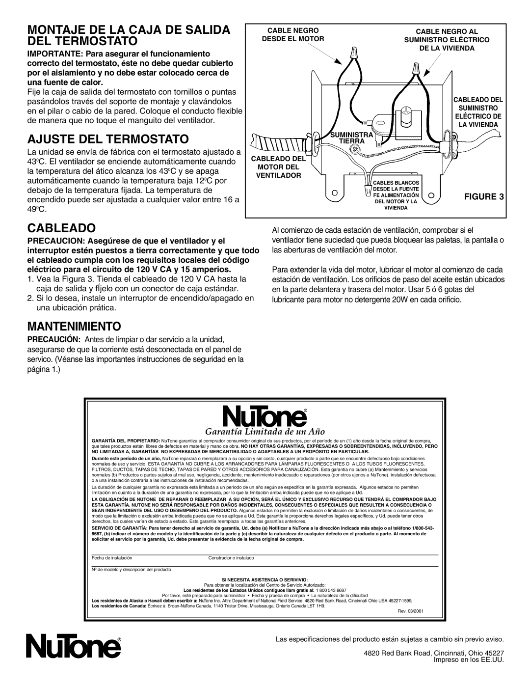 NuTone WF37, WF57NR Montaje DE LA Caja DE Salida DEL Termostato, Ajuste DEL Termostato, Cableado, Mantenimiento 