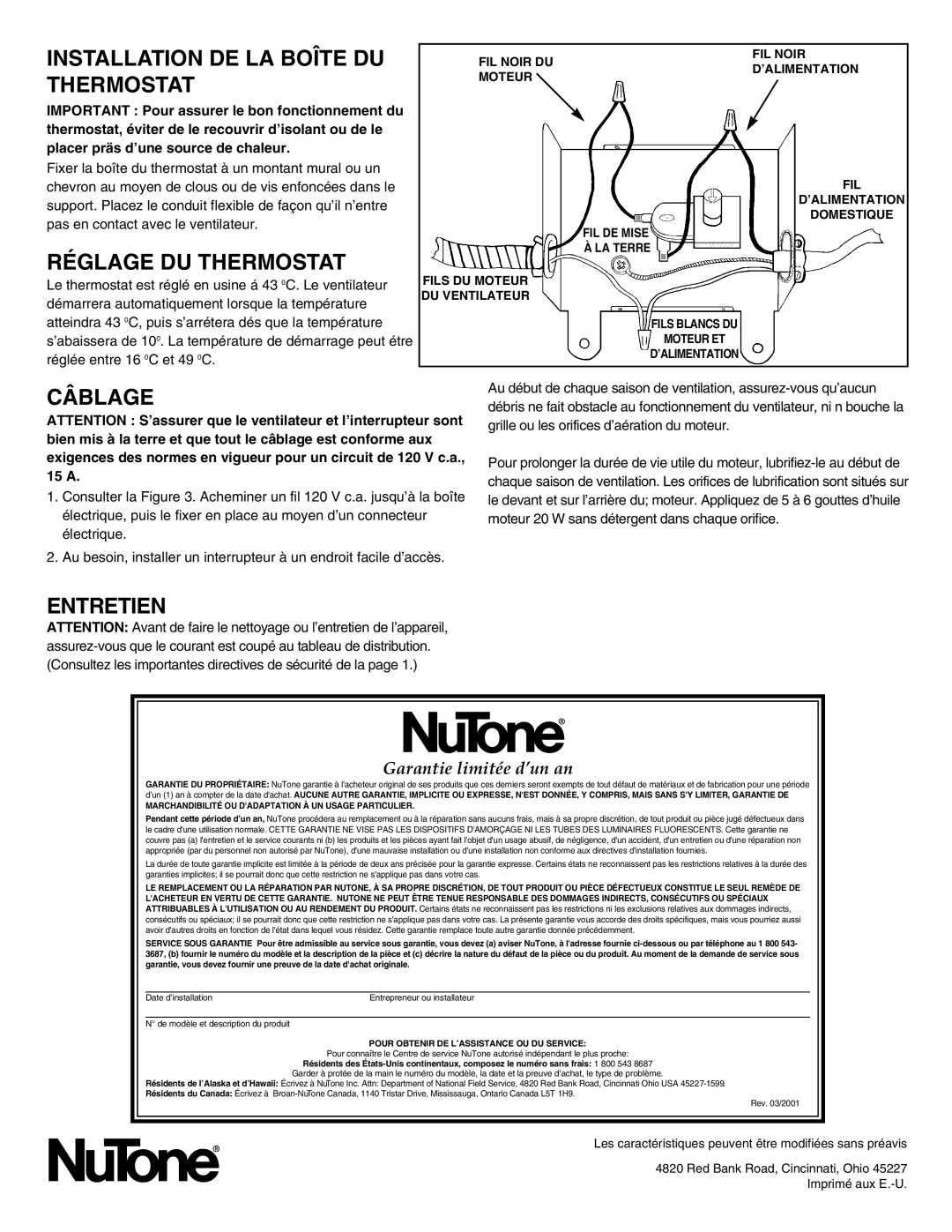 NuTone WF37, WF57NR installation instructions Installation DE LA Boîte DU, Réglage DU Thermostat, Câblage, Entretien 