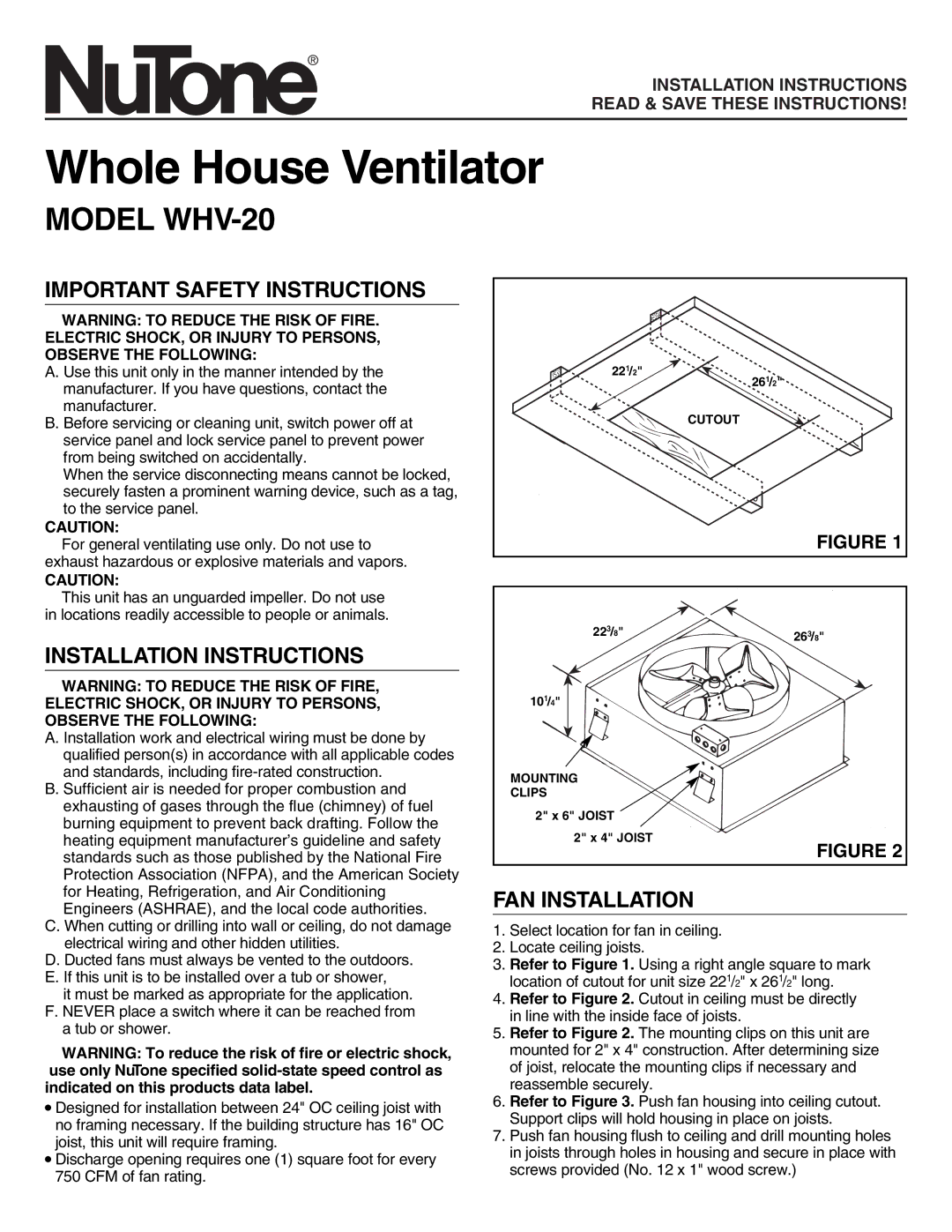 NuTone WHV-20 installation instructions Important Safety Instructions, Installation Instructions, FAN Installation 