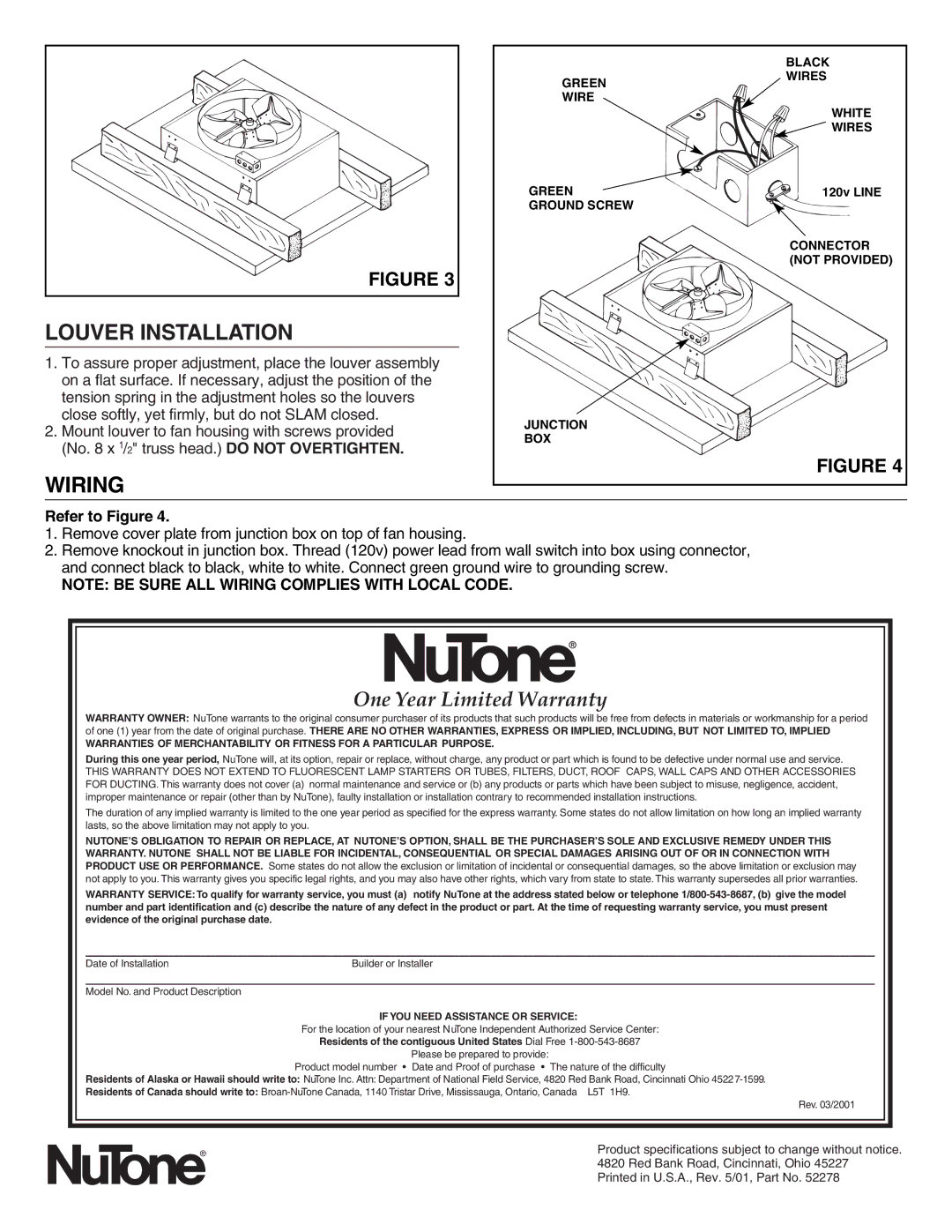 NuTone WHV-20 installation instructions Louver Installation, Wiring 