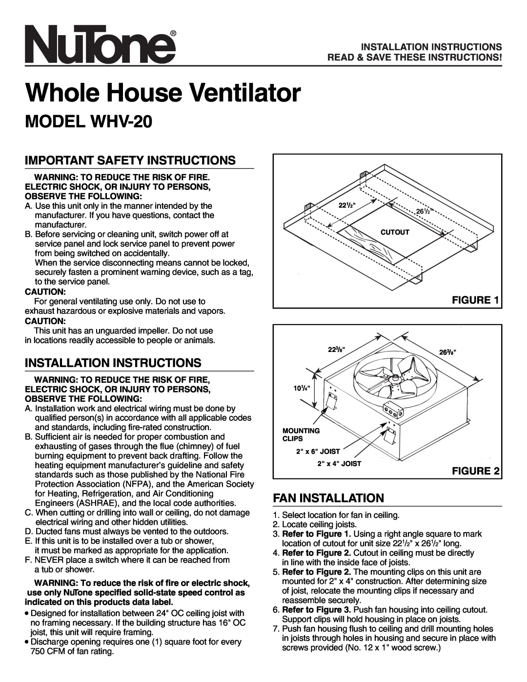 NuTone WHV-20 installation instructions Important Safety Instructions, Installation Instructions, Fan Installation, Figure 