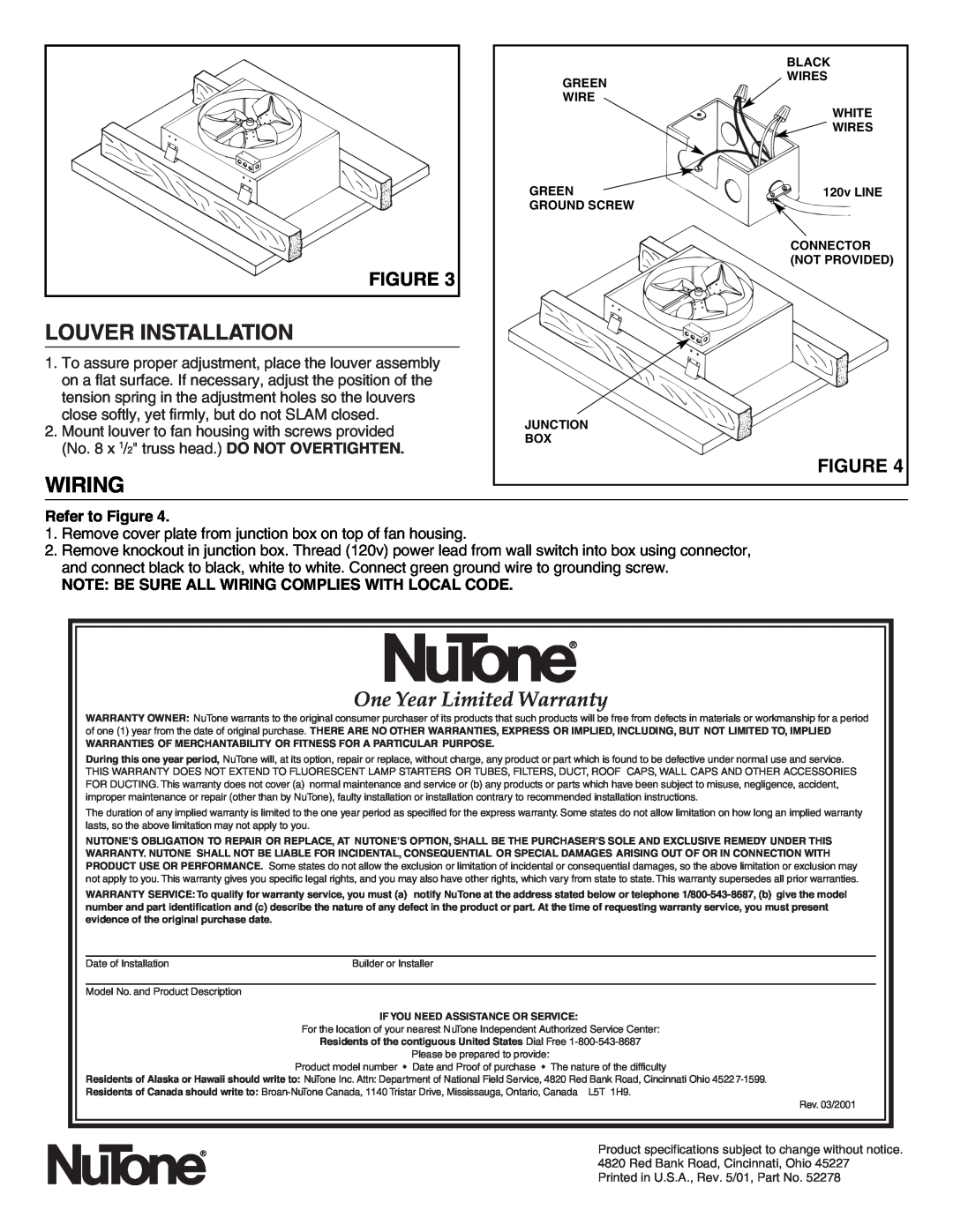 NuTone WHV-20 installation instructions Louver Installation, Wiring, One Year Limited Warranty, Figure 