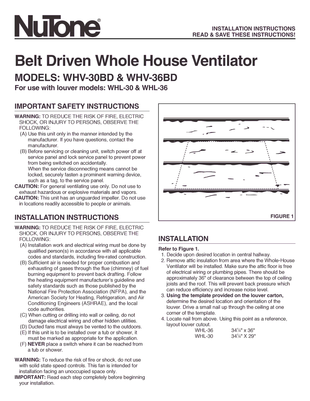 NuTone WHV-30BD & WHV-36BD installation instructions Important Safety Instructions, Installation Instructions 