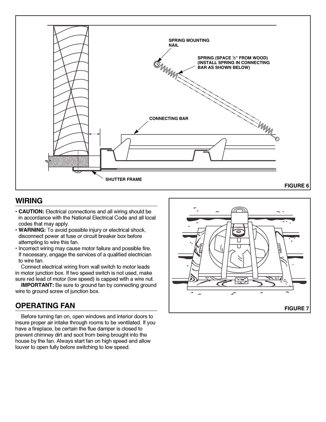 NuTone WHV-30BD & WHV-36BD installation instructions Wiring, Operating FAN 