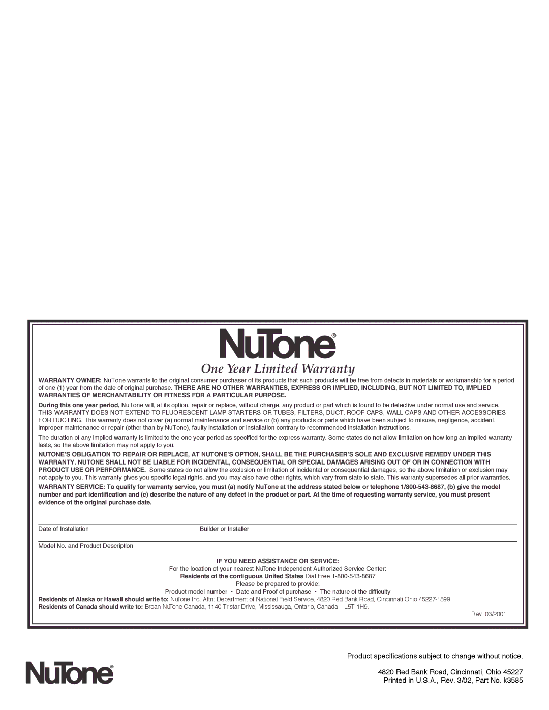 NuTone WHV-30BD & WHV-36BD installation instructions One Year Limited Warranty 