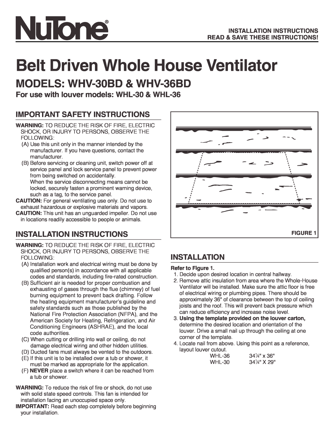 NuTone WHV-30BD & WHV-36BD installation instructions For use with louver models WHL-30& WHL-36, Installation Instructions 