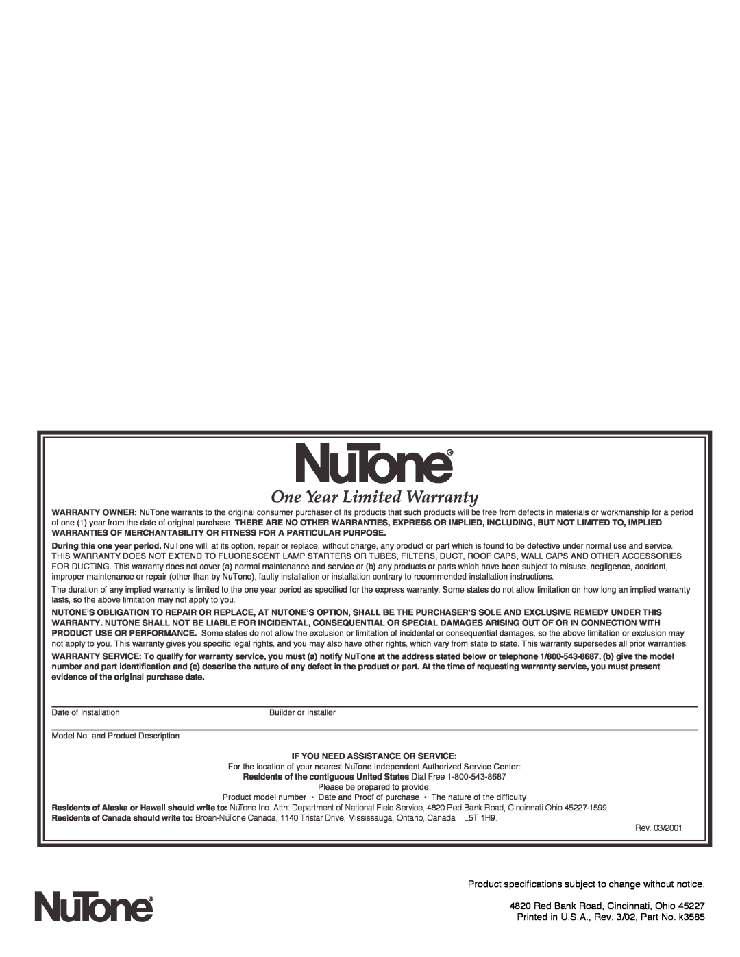 NuTone WHV-30BD & WHV-36BD installation instructions One Year Limited Warranty, Red Bank Road, Cincinnati, Ohio 