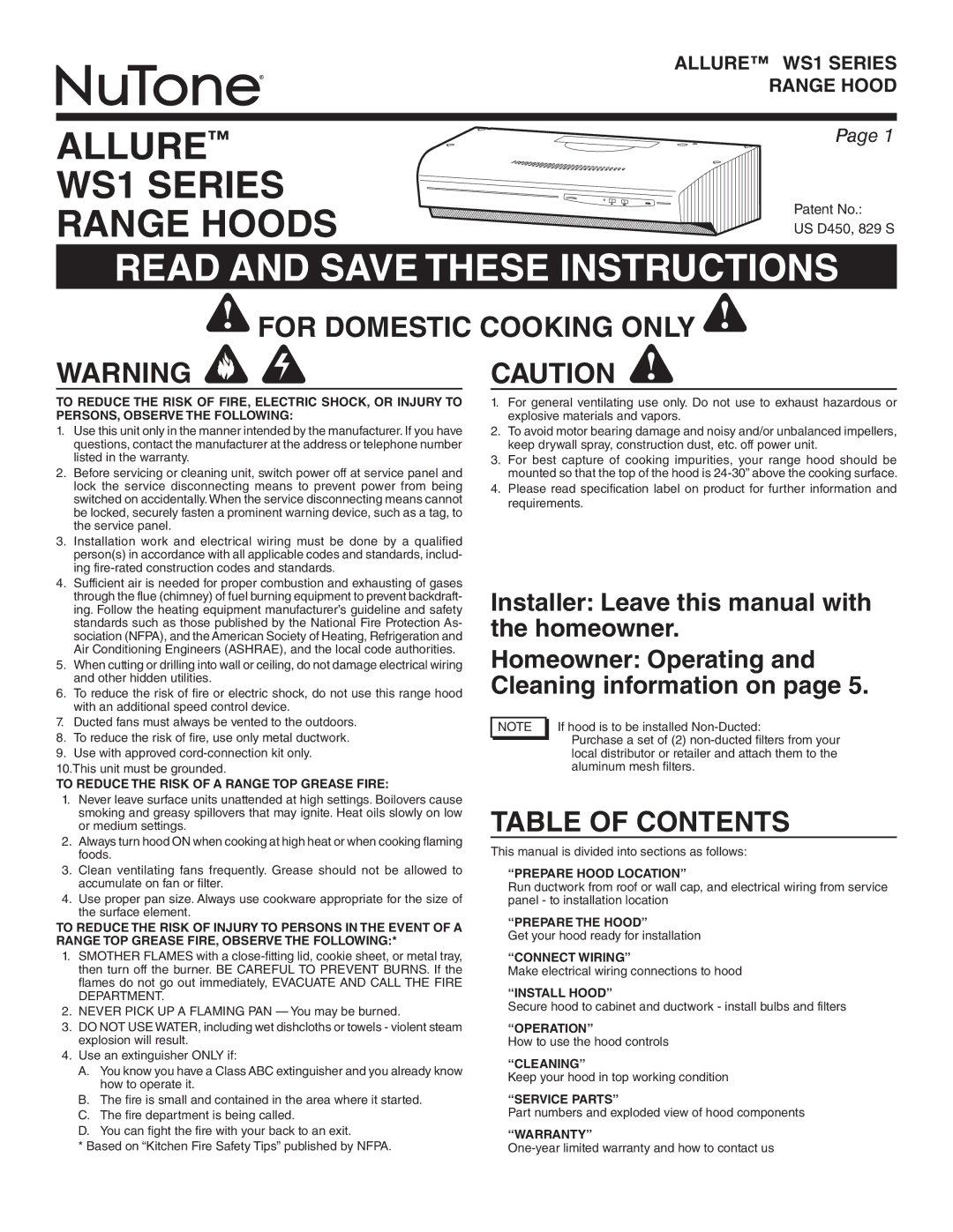 NuTone WS130AA, WS1 SERIES warranty For Domestic Cooking only, Table of Contents 