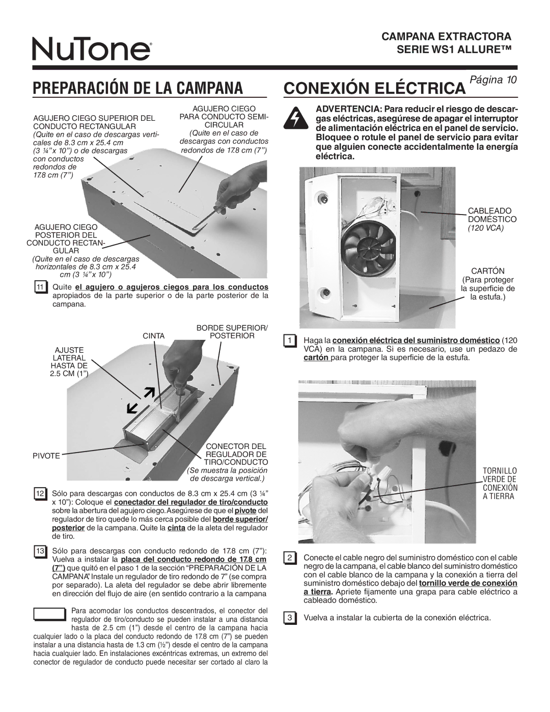 NuTone WS1 SERIES, WS130AA warranty Cableado Doméstico 120 VCA Cartón, Tornillo Verde DE Conexión Tierra, Agujero Ciego 