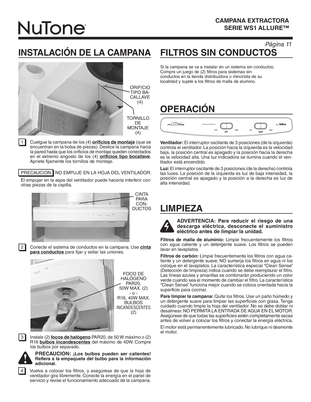 NuTone WS130AA, WS1 SERIES warranty Instalación DE LA Campana, Filtros SIN Conductos, Operación, Limpieza 