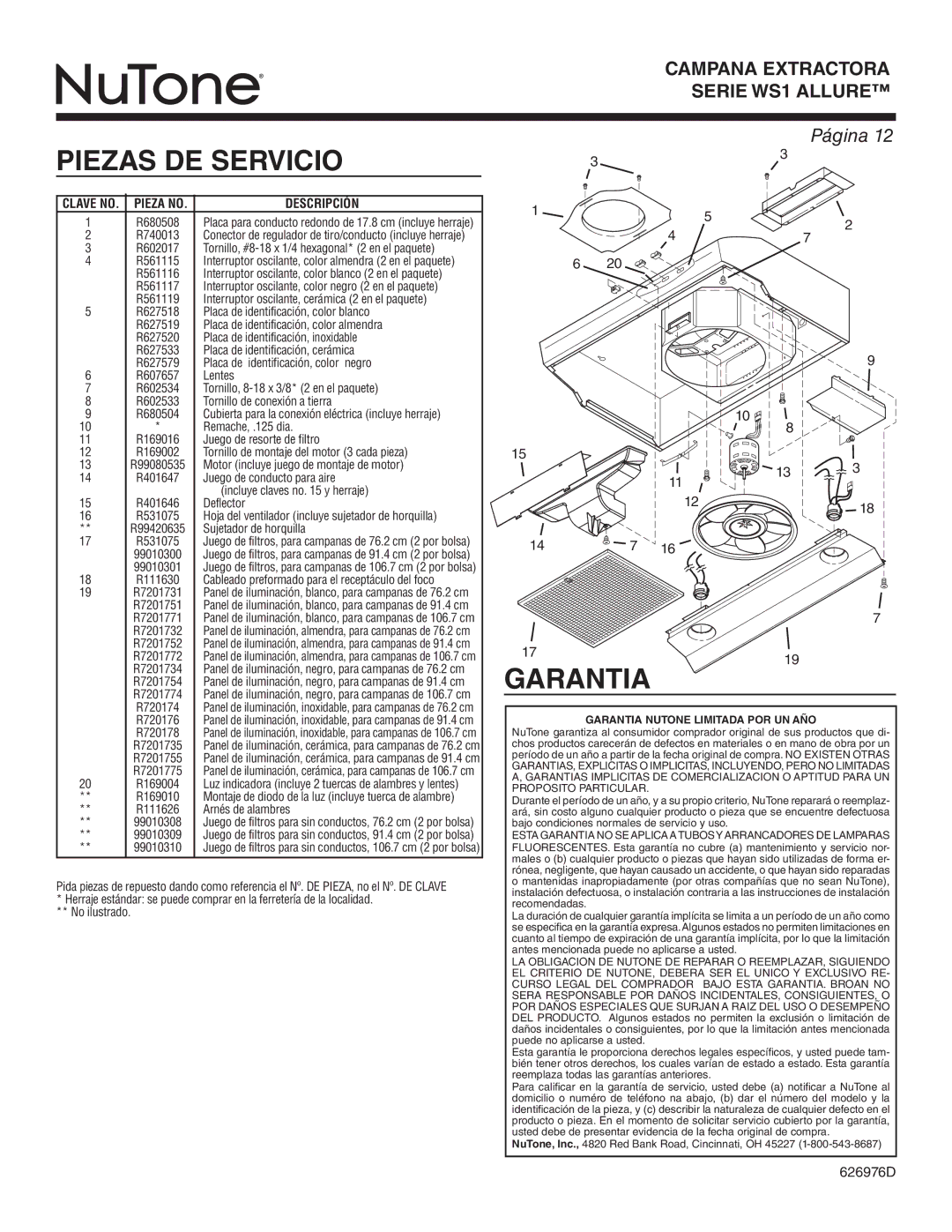 NuTone WS1 SERIES, WS130AA warranty Piezas DE Servicio, Garantia, Clave NO. Pieza no 