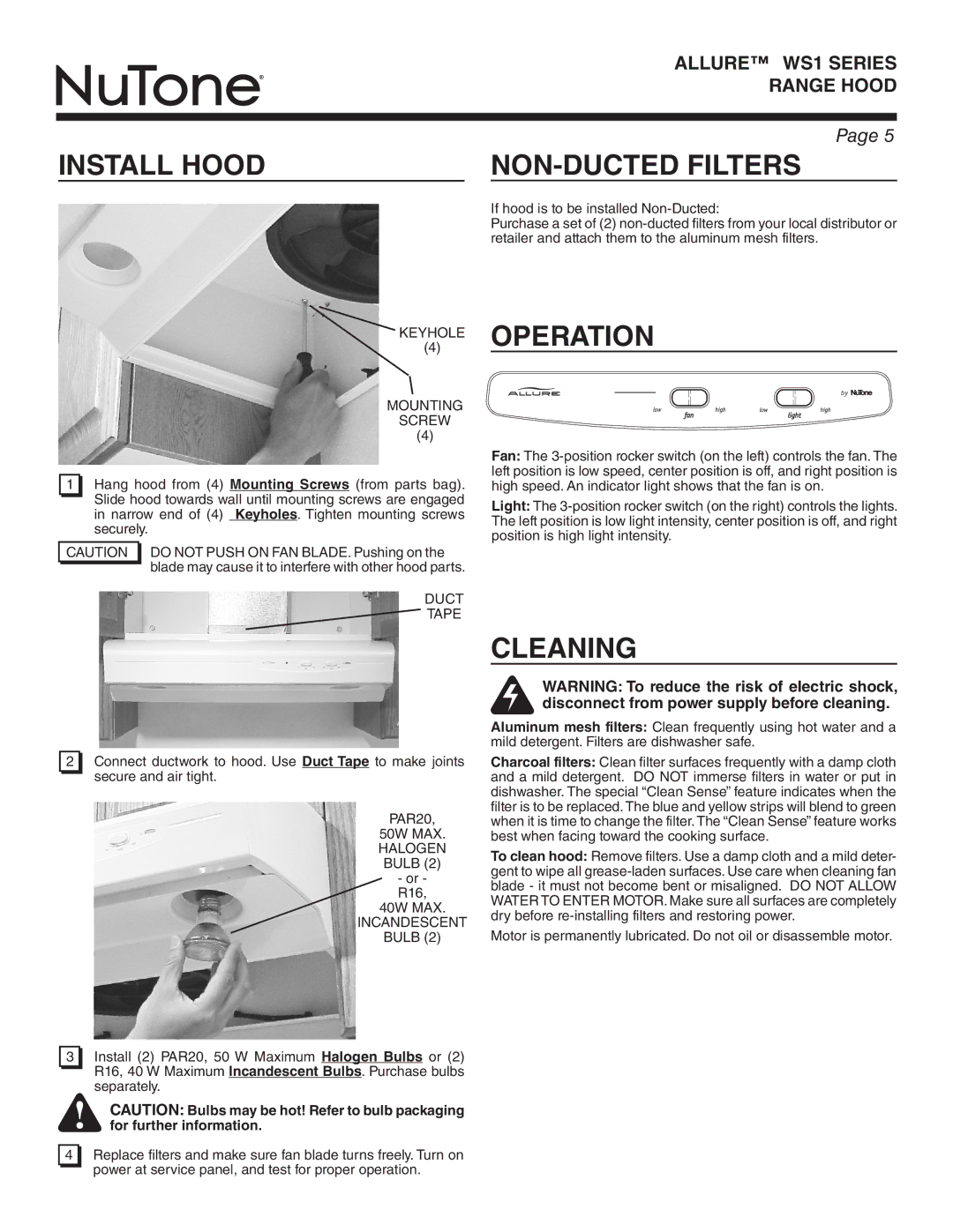 NuTone WS130AA, WS1 SERIES warranty Install Hood, NON-DUCTED Filters, Operation, Cleaning 