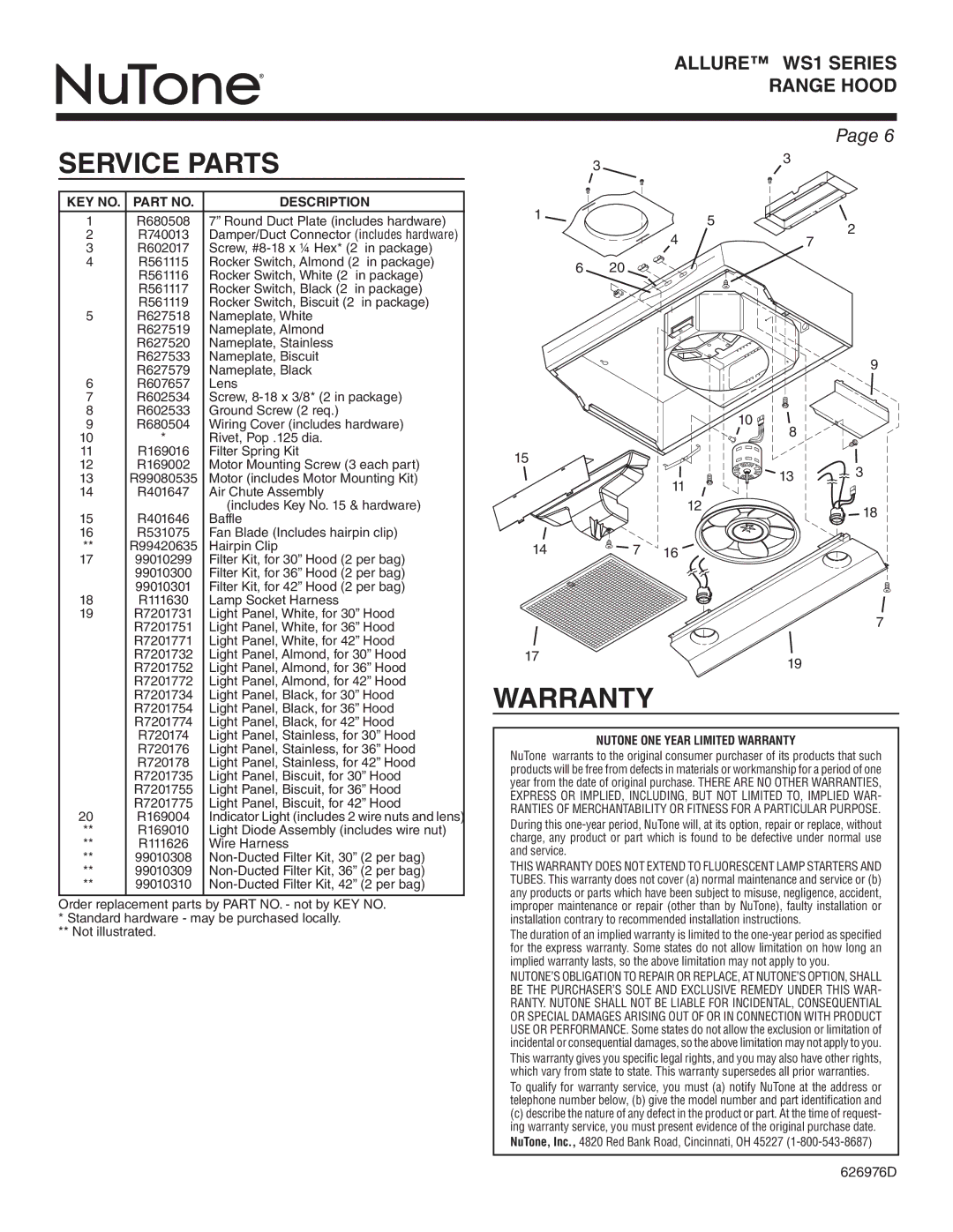 NuTone WS1 SERIES, WS130AA warranty Service Parts, KEY NO. Part no Description, Nutone ONE Year Limited Warranty 