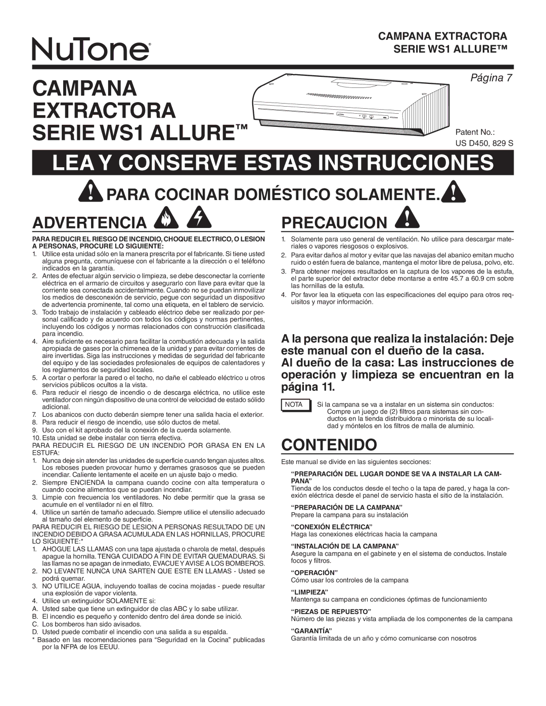 NuTone WS130AA, WS1 SERIES warranty Para Cocinar Doméstico Solamente Advertencia Precaucion, Contenido 