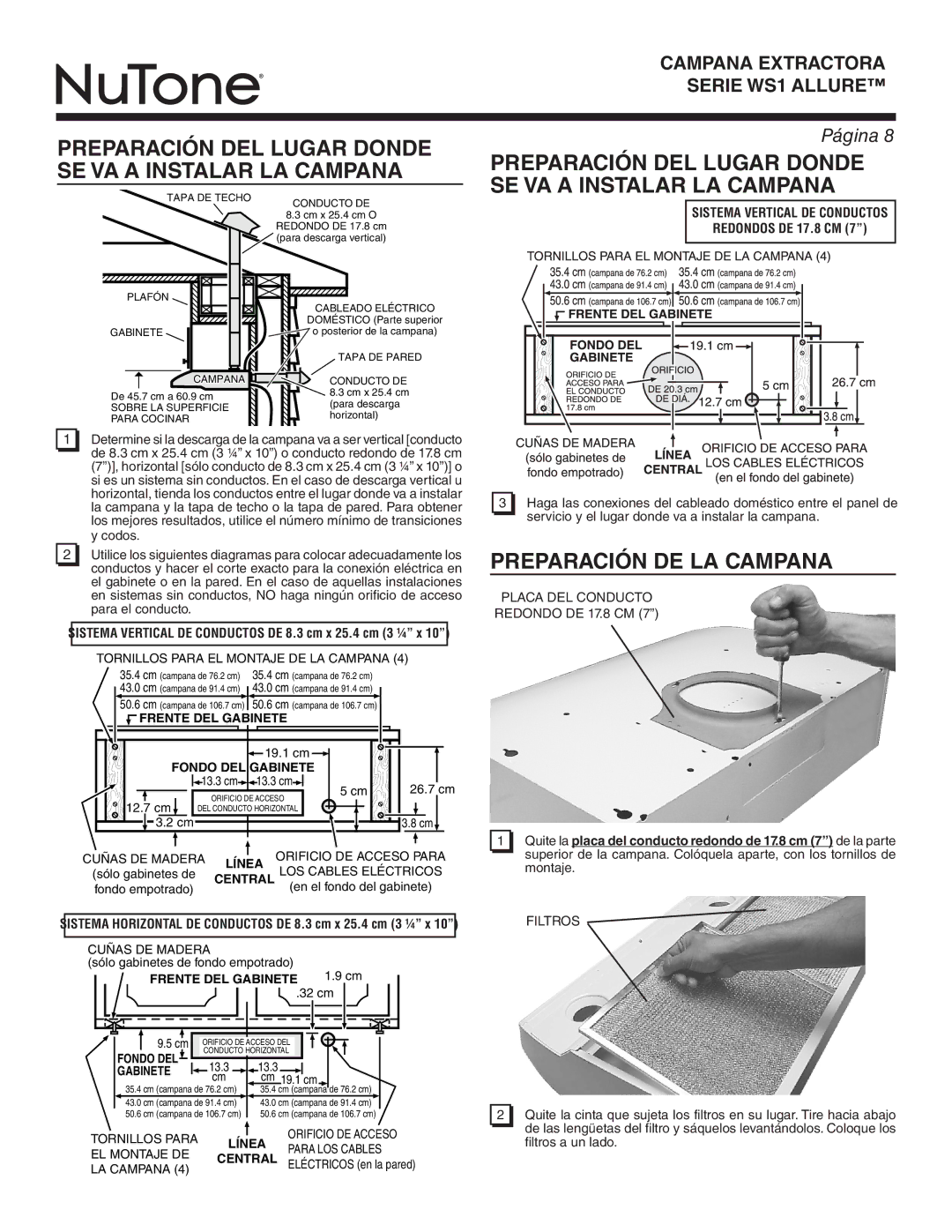 NuTone WS1 SERIES, WS130AA warranty Serie WS1RANGEALLUREHOOD, Frente DEL GA Binete, Fondo DEL Gabinete, Línea, Central 