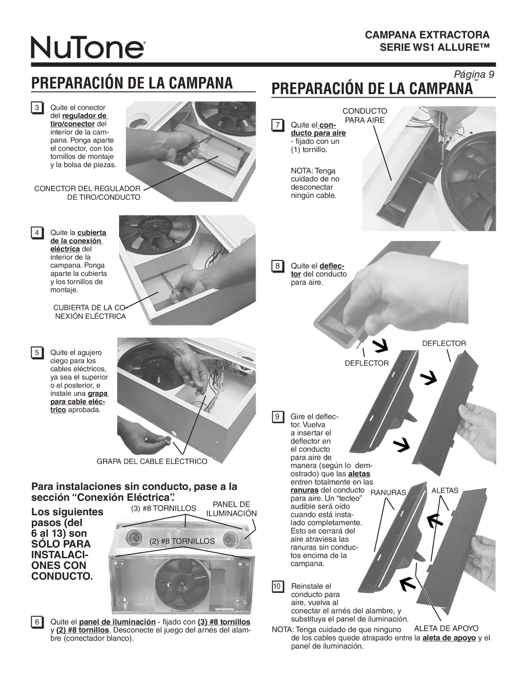 NuTone WS130AA, WS1 SERIES warranty Preparación DE LA Campana, Para Aire, Aleta DE Apoyo, Panel DE 