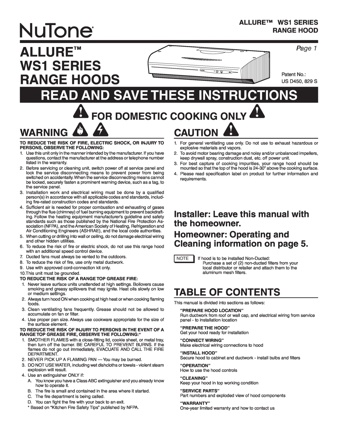 NuTone WS130AA warranty ALLURE WS1 SERIES RANGE HOODS, Read And Save These Instructions, For Domestic Cooking Only, Page 