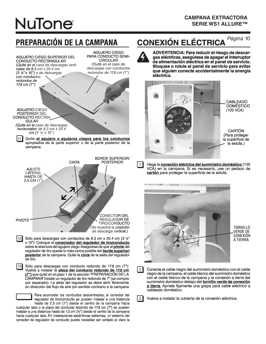NuTone WS1 SERIES, WS130AA warranty Conexión Eléctrica, Preparación De La Campana, Página 