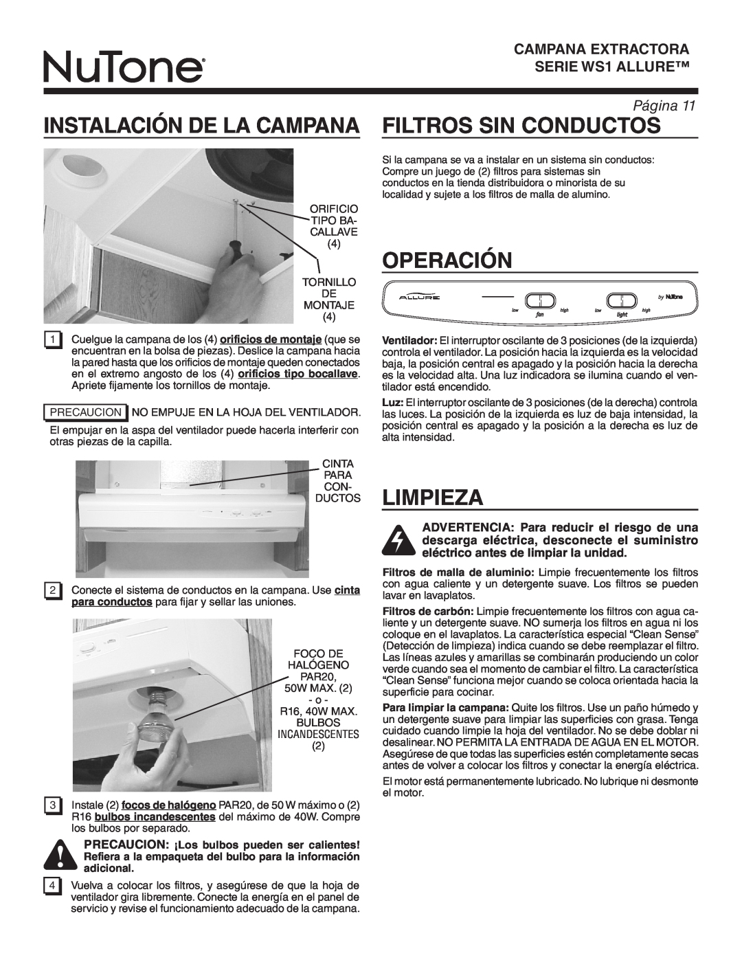NuTone WS130AA, WS1 SERIES warranty Instalación De La Campana Filtros Sin Conductos, Operación, Limpieza, Página 
