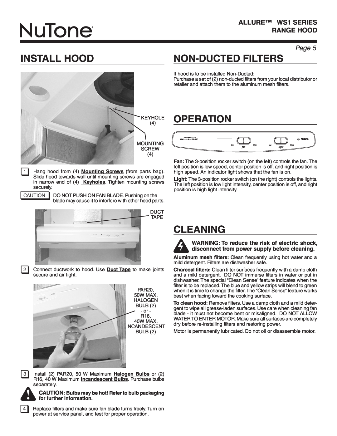 NuTone WS130AA, WS1 SERIES warranty Install Hood, Non-Ducted Filters, Operation, Cleaning, Page 