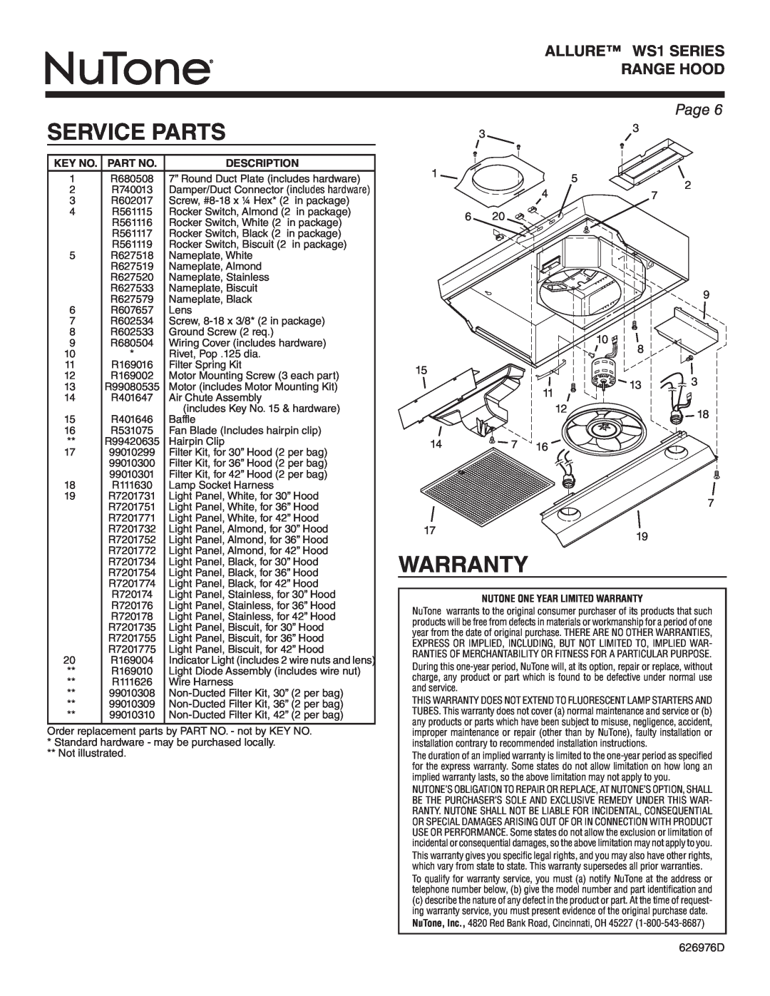 NuTone WS1 SERIES, WS130AA warranty Service Parts, Page, Key No. Part No, Description, Nutone One Year Limited Warranty 