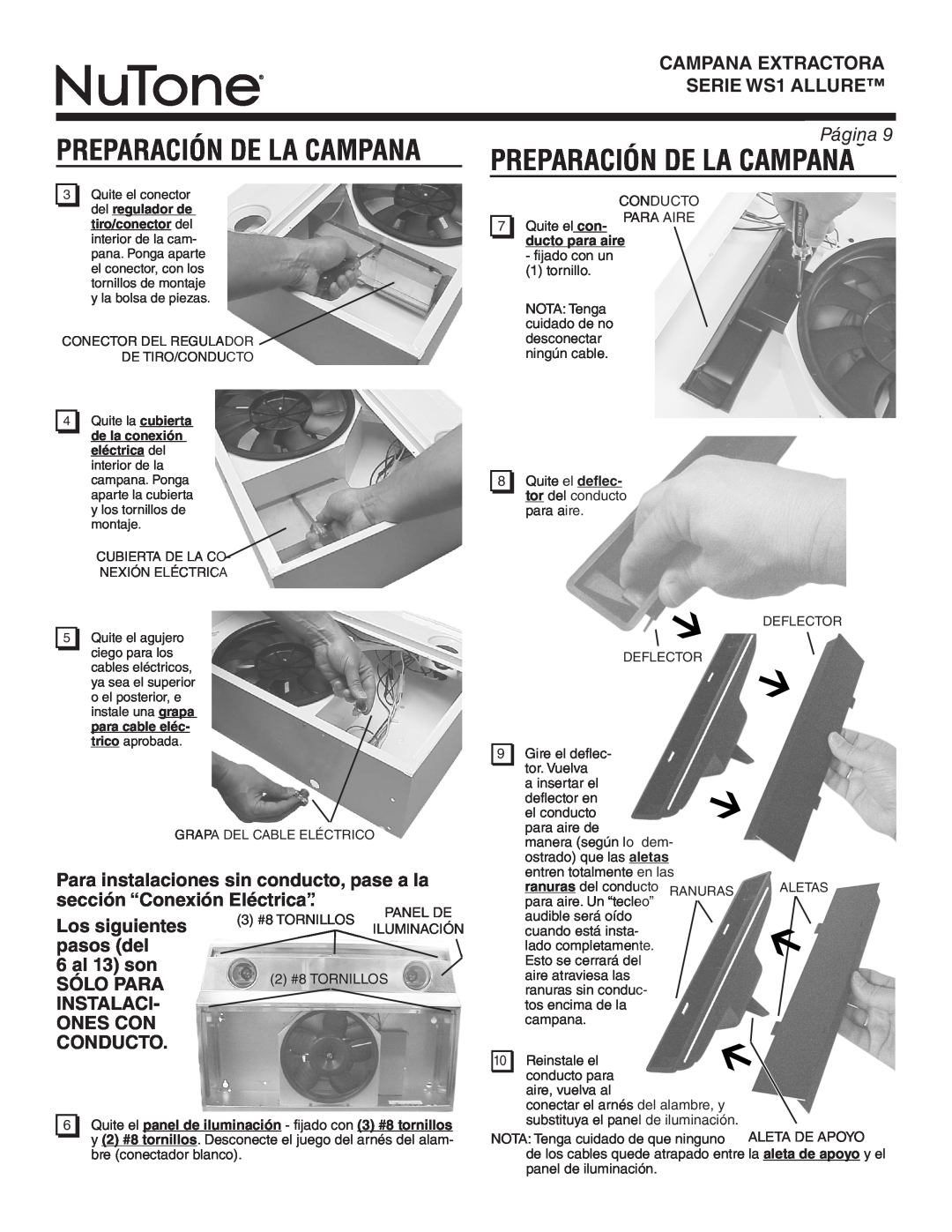 NuTone WS130AA, WS1 SERIES warranty Preparación De La Campana, Página 