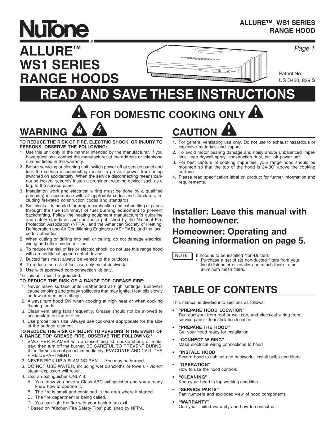 NuTone WS1 warranty For Domestic Cooking only, Table of Contents 