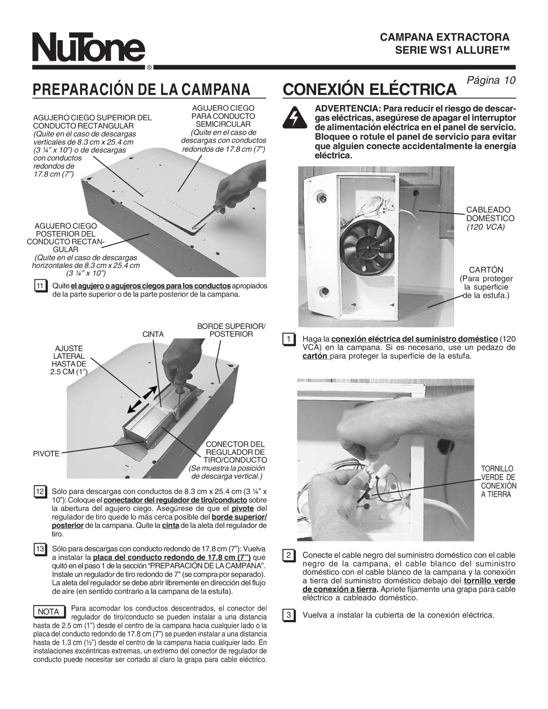 NuTone WS1 warranty Conexión Eléctrica, Cableado Doméstico 120 VCA Cartón, Tornillo Verde DE Conexión Tierra, Nota 