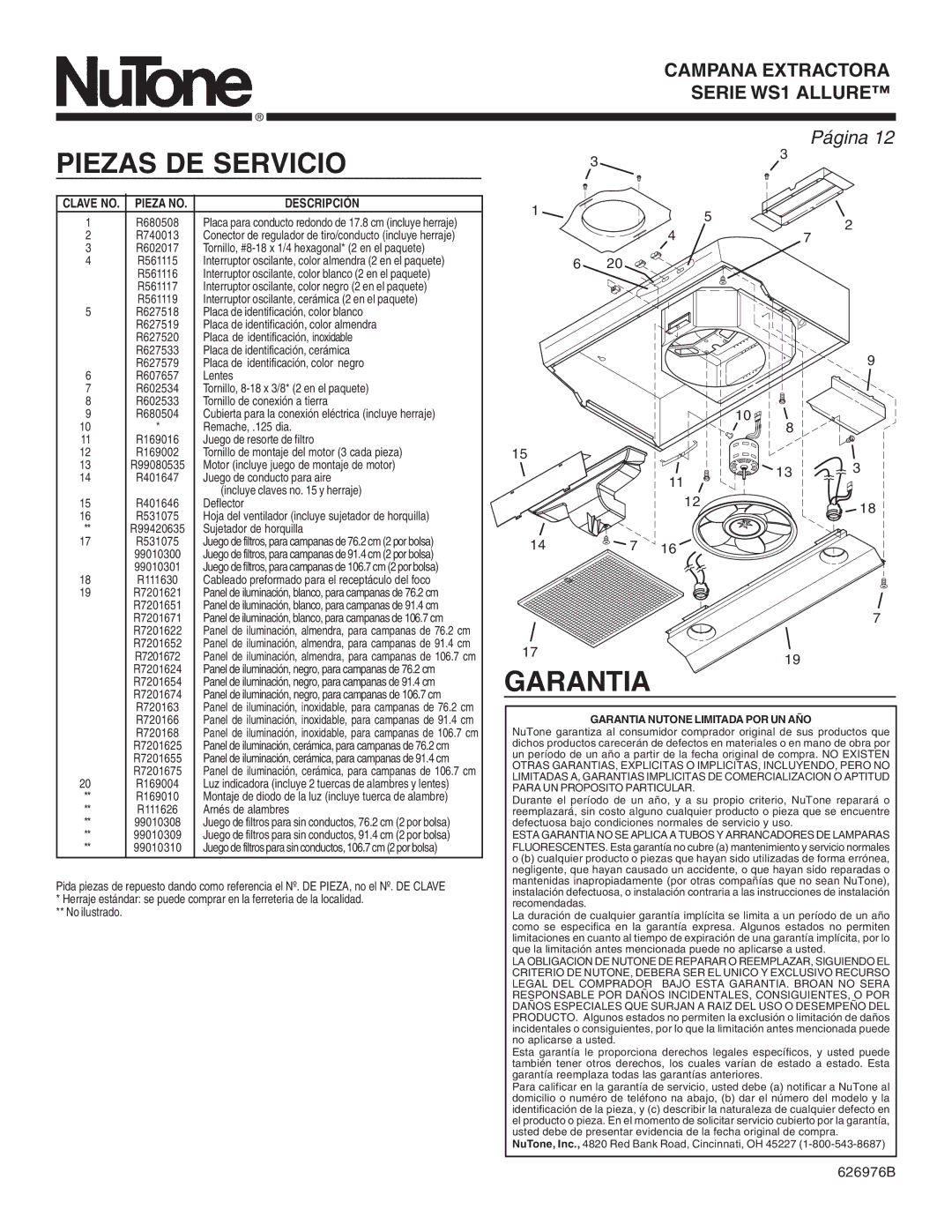 NuTone WS1 warranty Piezas DE Servicio, Garantia, Clave NO. Pieza no 