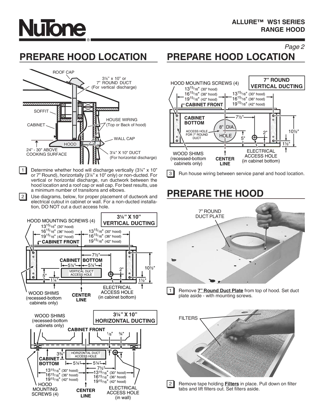 NuTone WS1 warranty Prepare Hood Location Prepare Hood Location, Prepare the Hood, Round Duct Plate, Filters 