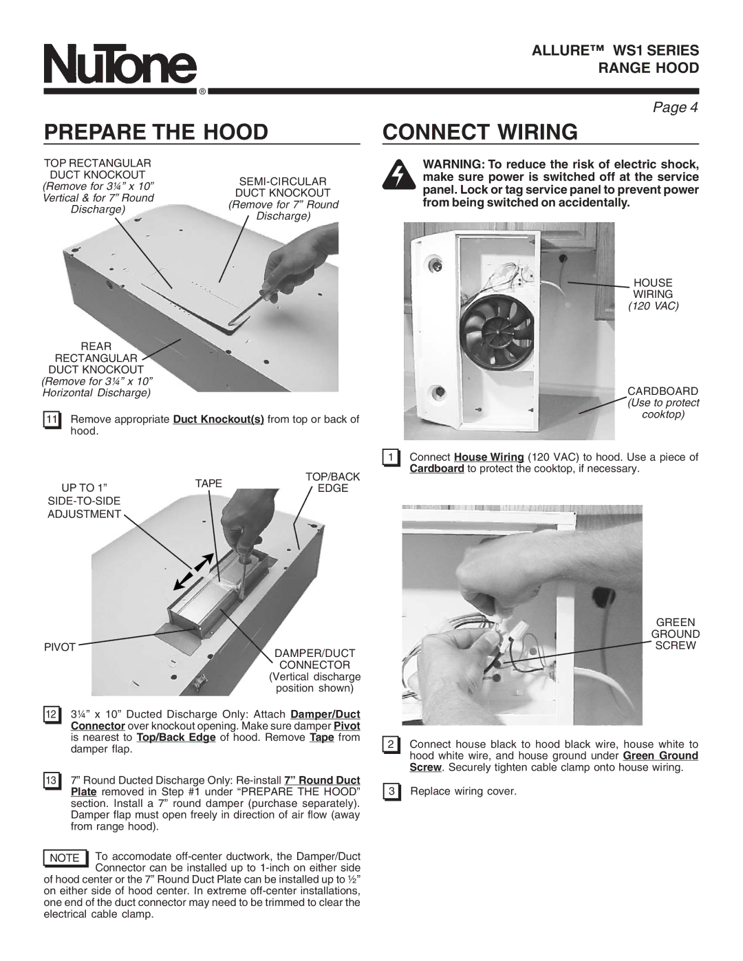 NuTone WS1 warranty Connect Wiring 