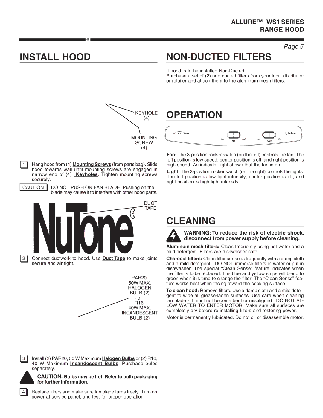 NuTone WS1 warranty Install Hood, Operation, Cleaning 