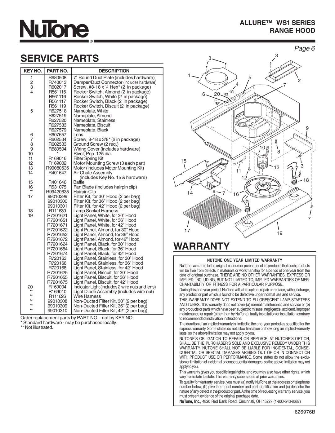 NuTone WS1 warranty Service Parts, 626976B, KEY NO. Part no Description, Nutone ONE Year Limited Warranty 