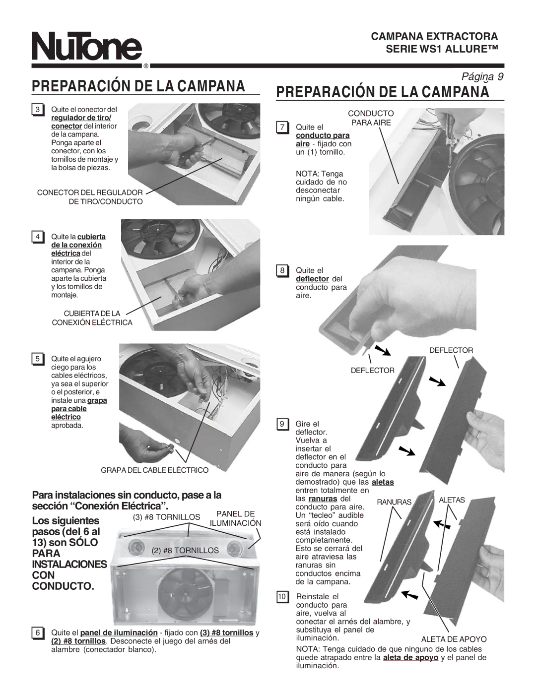 NuTone WS1 warranty Preparación DE LA Campana 