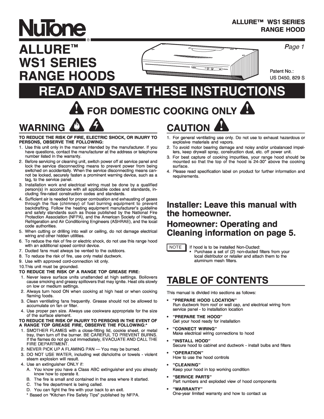 NuTone warranty ALLURE WS1 SERIES RANGE HOODS, Read And Save These Instructions, For Domestic Cooking Only, Page 