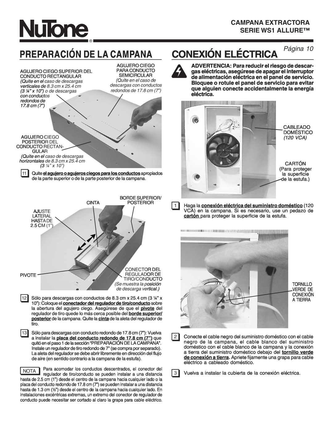 NuTone WS1 warranty Conexión Eléctrica, Preparación De La Campana, PáginaPage 