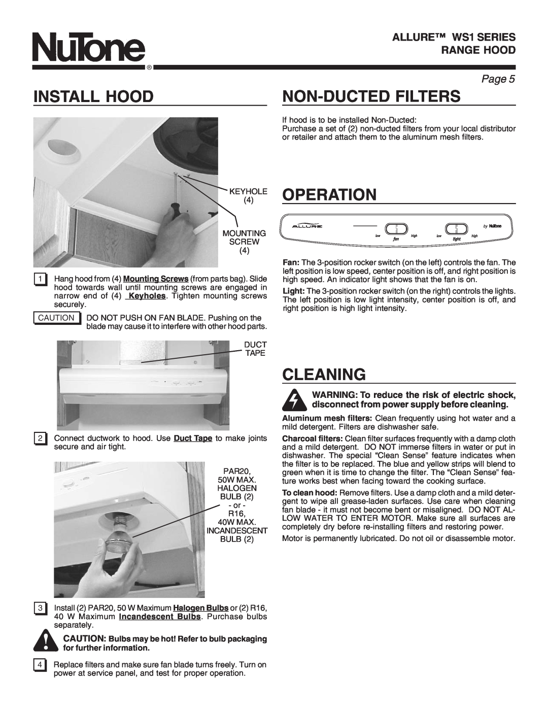 NuTone warranty Install Hood, Operation, Cleaning, Non-Ducted Filters, ALLURE WS1 SERIES, Range Hood, Page 