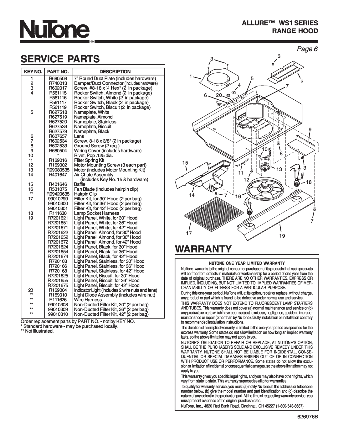 NuTone warranty Service Parts, Warranty, ALLURE WS1 SERIES RANGE HOOD, Page, 626976B 