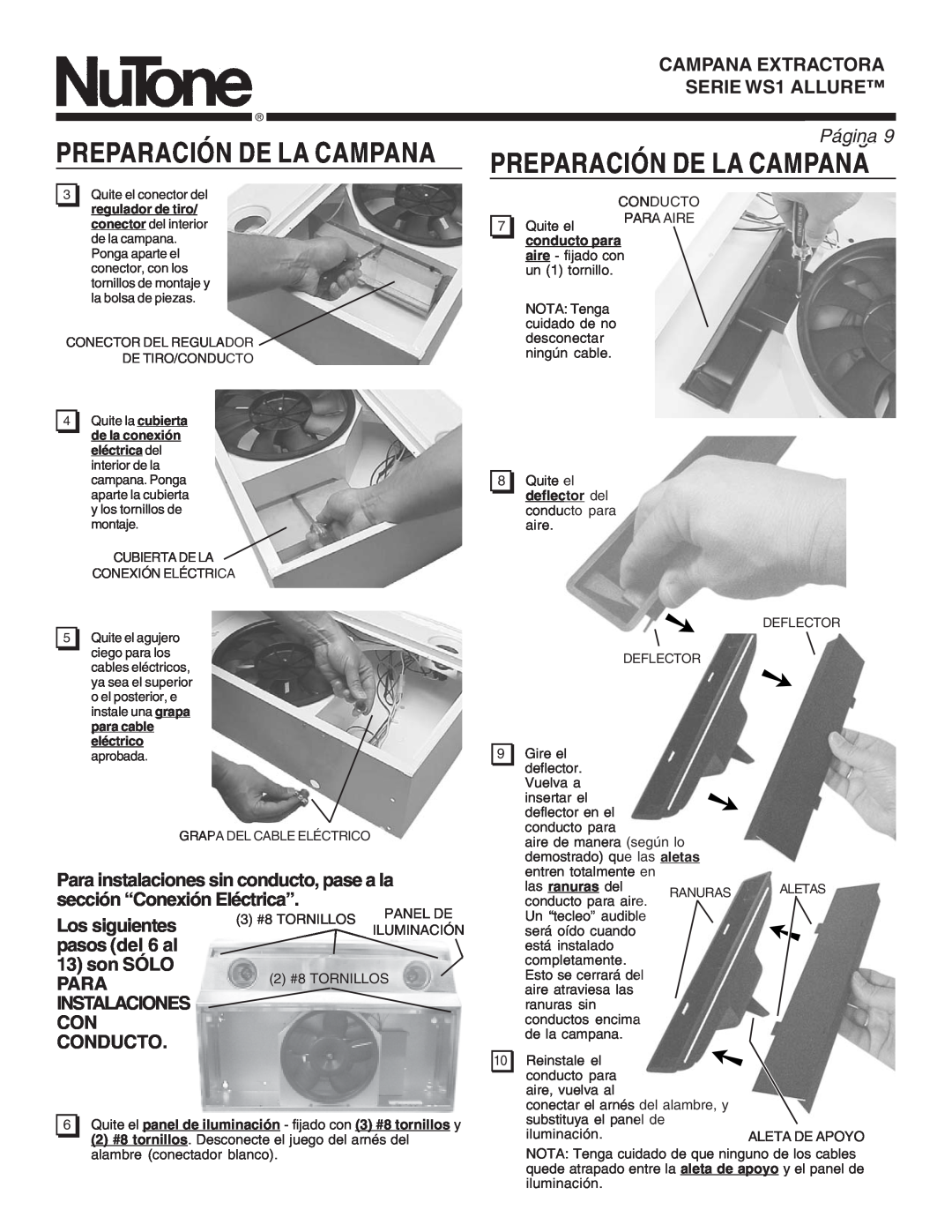 NuTone WS1 warranty Preparación De La Campana, Los siguientes, pasos del 6 al, son SÓLO, Para, Instalaciones Con Conducto 