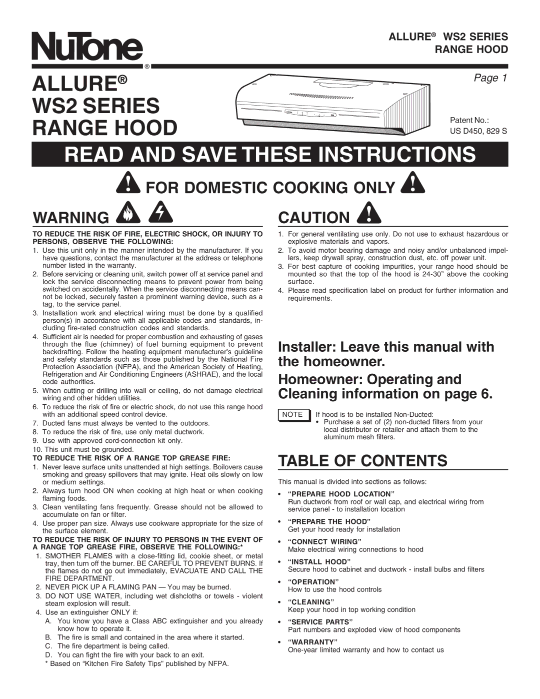 NuTone WS2 manual For Domestic Cooking only, Table of Contents 