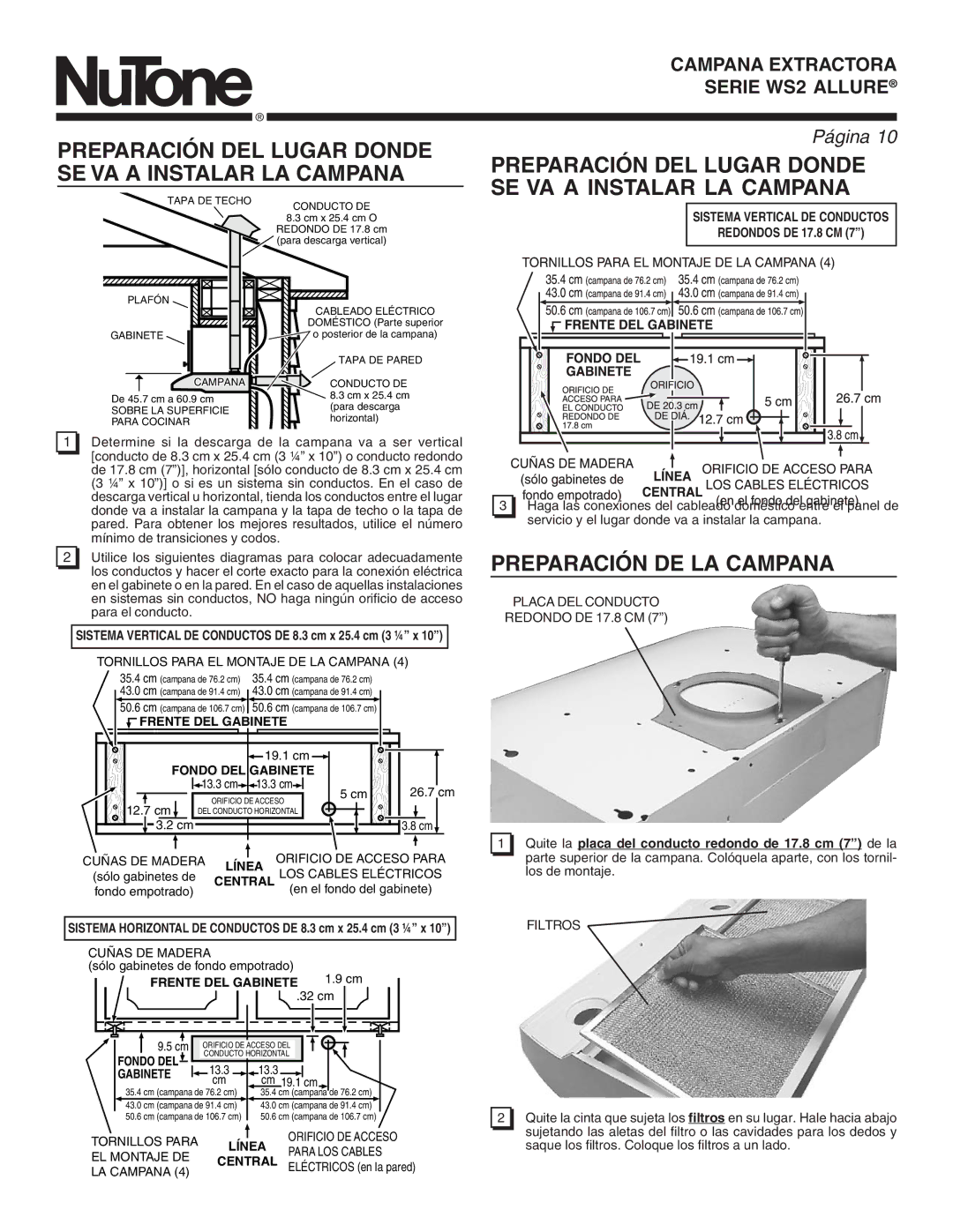 NuTone WS2 manual Preparación DE LA Campana 