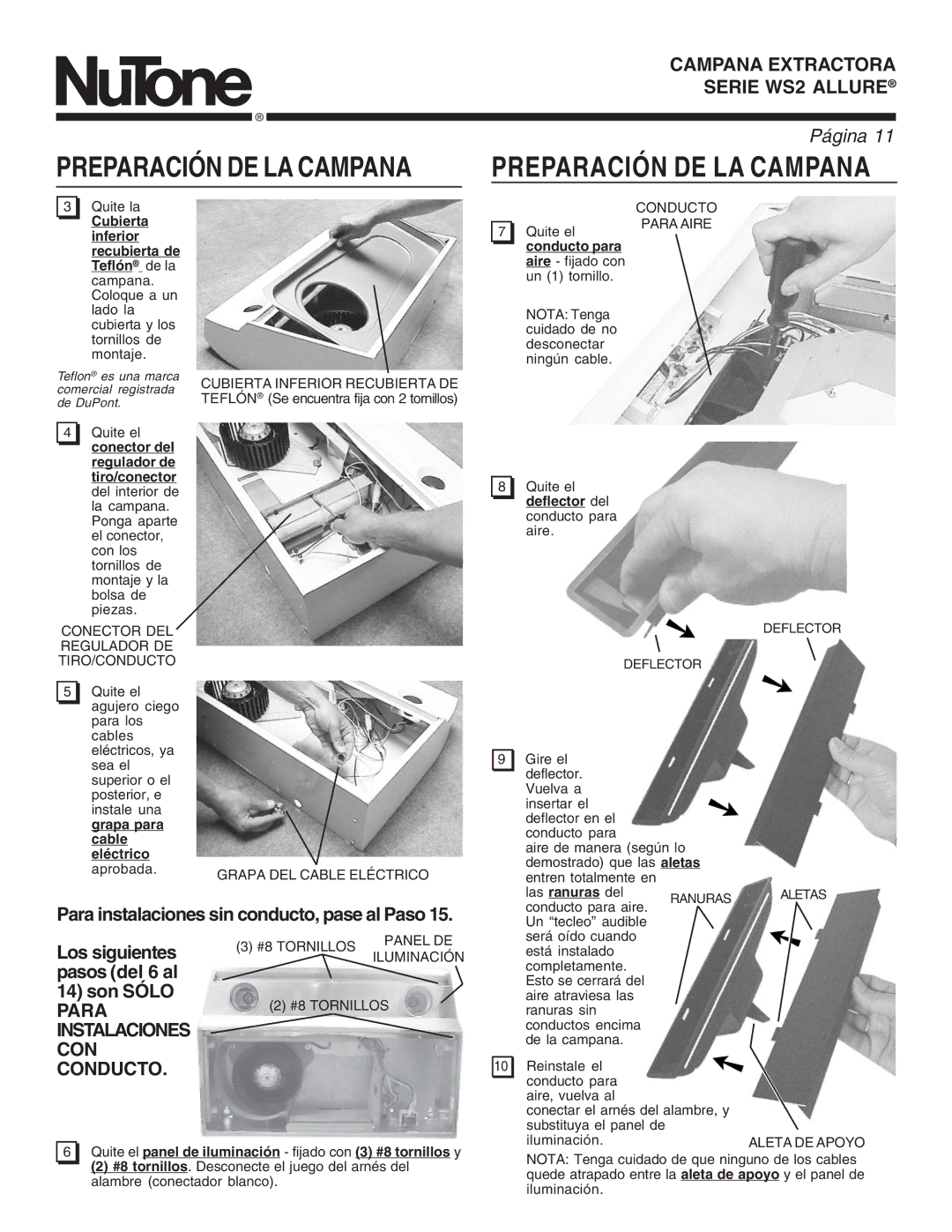 NuTone WS2 manual Preparación DE LA Campana 