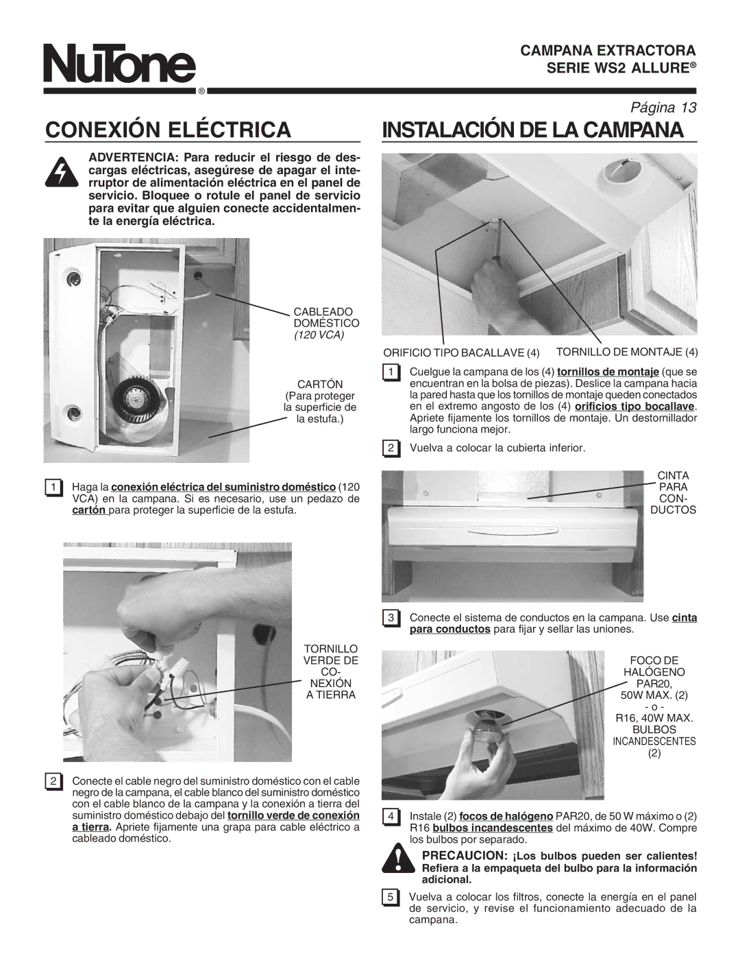 NuTone WS2 manual Conexión Eléctrica 