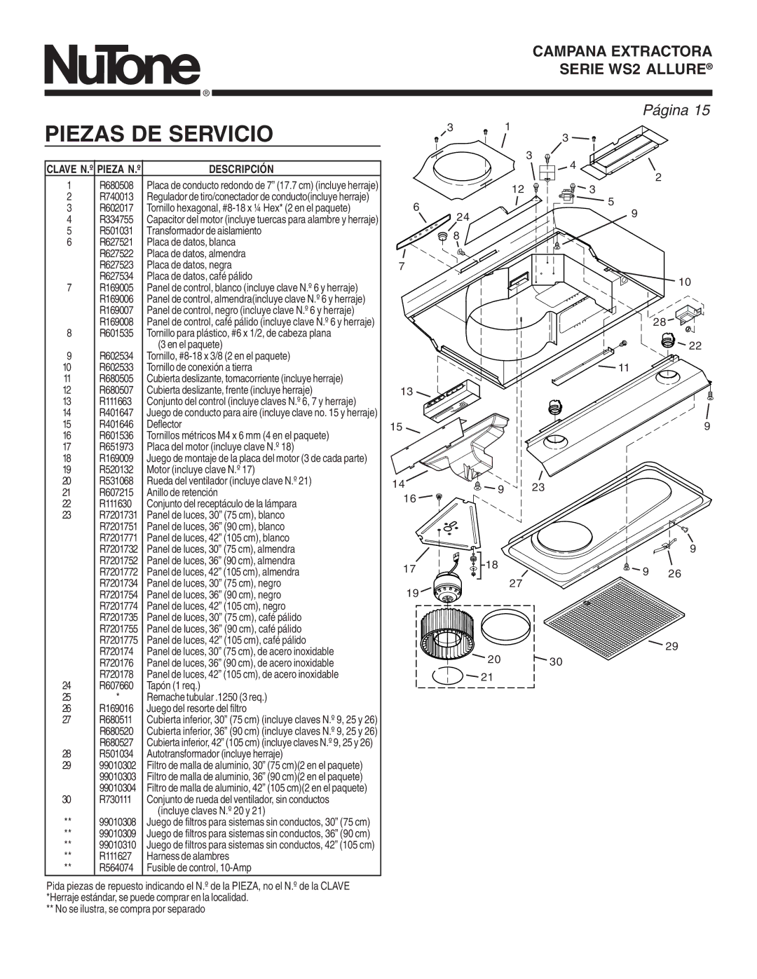 NuTone WS2 manual Piezas DE Servicio, Clave N.º Pieza N.º 