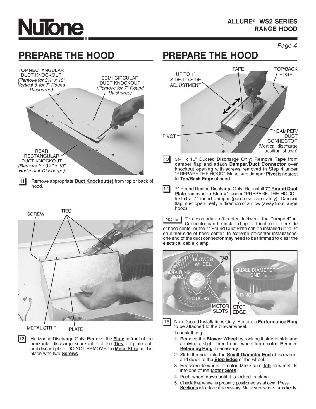 NuTone WS2 manual To Top/Back Edge of hood 