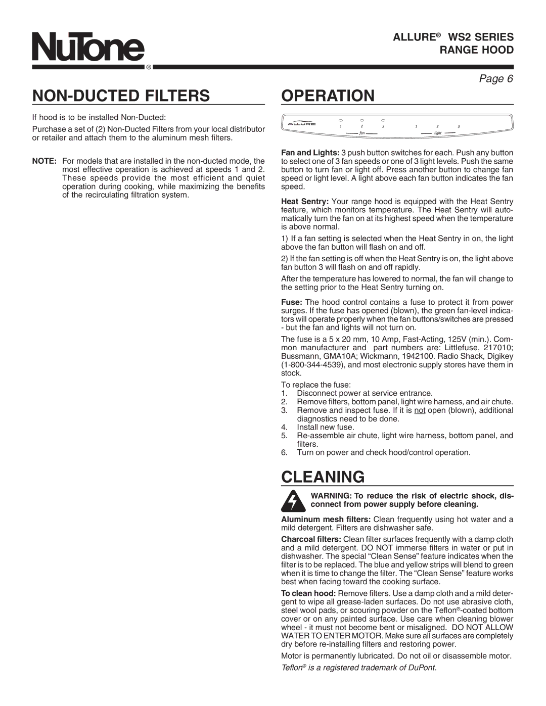 NuTone WS2 manual NON-DUCTED Filters, Operation, Cleaning 