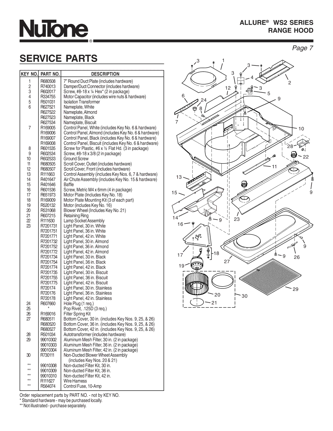 NuTone WS2 manual Service Parts, KEY NO. Part no 