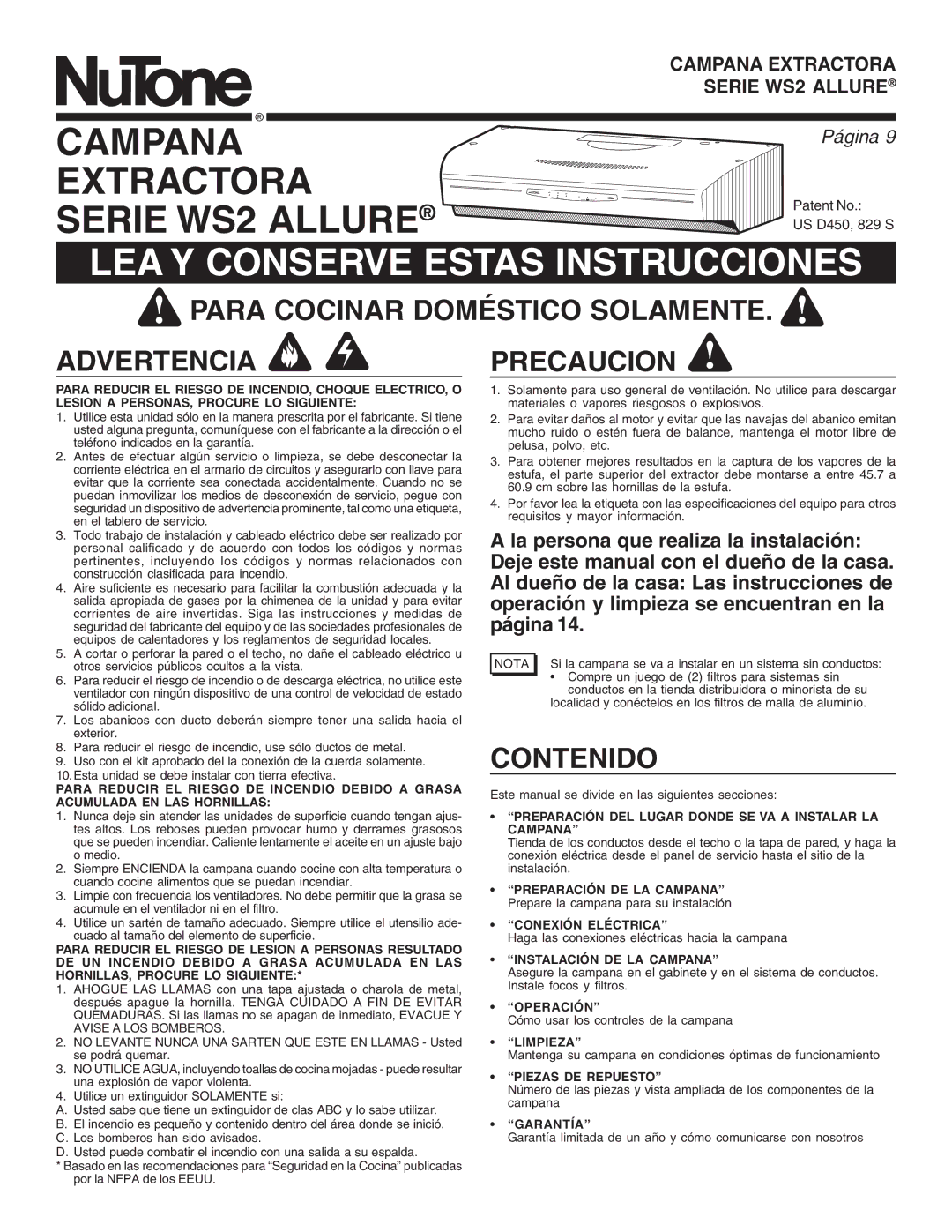 NuTone WS2 manual Para Cocinar Doméstico Solamente Advertencia Precaucion, Contenido 